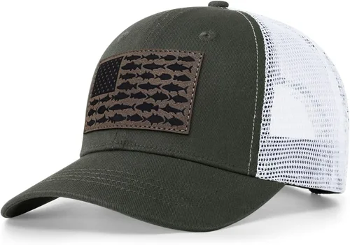 Miniatura 26 de Sombrero de camionero con bandera de pez estadounidense, regalos de pesca para hombres, sombrero de pesca Snapback perfecto para pesca y uso diario