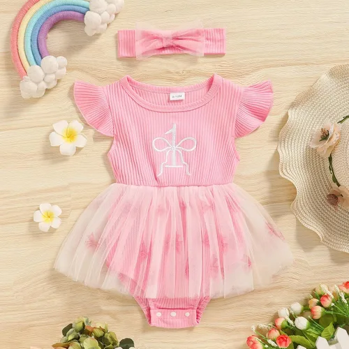 Miniatura 14 de GRNSHTS Traje de bebé niña 1er cumpleaños traje acanalado tul mameluco princesa pastel Smash sesión de fotos ropa + diadema
