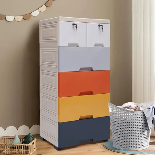 Miniatura 15 de Cajones de plástico de 5 capas, armario de almacenamiento con 6 cajones, cajones de armario, organizador alto para ropa, sala de juegos, muebles