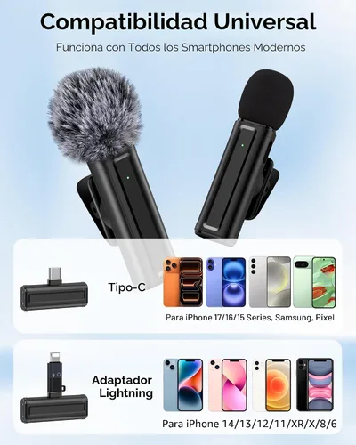 Miniatura 8 de Mini micrófono inalámbrico para iPhone, iPad, Android, paquete de 2 micrófonos Lavalier con clip giratorio de 360°, micrófono USB-C con reducción