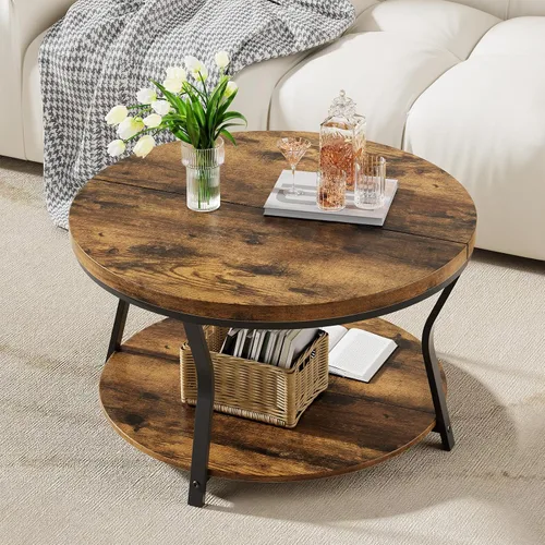 Miniatura 7 de Mesa auxiliar redonda, mesas de centro circulares de madera para sala de estar, mesa central industrial moderna de 2 niveles con mesa gruesa y marco