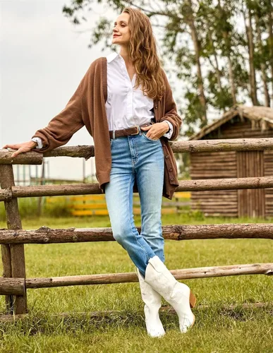 Miniatura 6 de Mostrin Botas vaqueras para mujer, punta puntiaguda, botas vaqueras a media pantorrilla, tacón grueso, botas occidentales