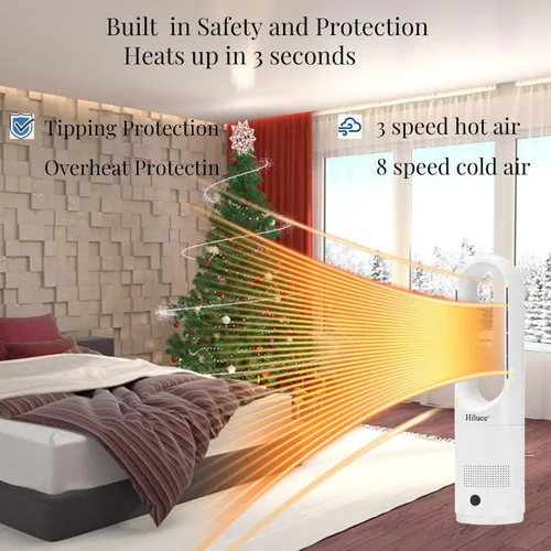 Miniatura 4 de Hiluce Ventilador sin aspas para todas las estaciones, combo de calentador de espacio de 1400W y ventilador de torre de 40W con control remoto