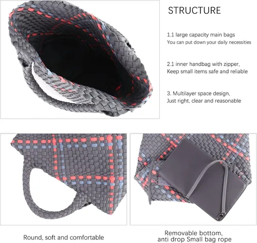 Miniatura 6 de Bolso de mano tejido + bolso de neopreno para mujer, bolso grande de viaje con asa superior, bolsa de viaje para axilas