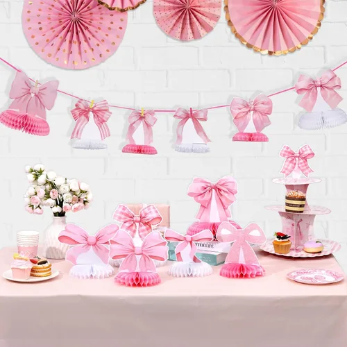 Miniatura 2 de 12 centros de mesa de nido de abeja con lazo rosa, decoración de cumpleaños con temática de coqueta, decoraciones de fiesta de lazo para cumpleaños