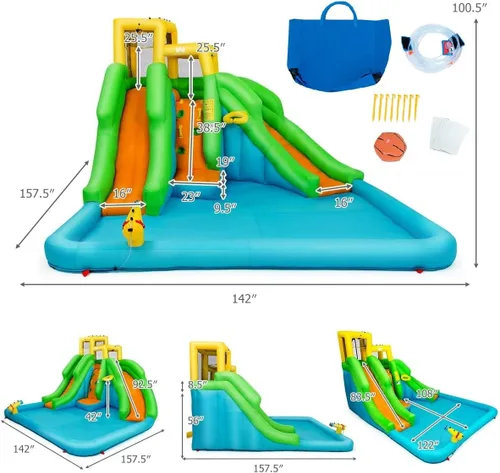 Miniatura 5 de Boundtech - Casa inflable para saltar, para usar en la alberca, con dos toboganes, pared de escalada, aro de baloncesto, alberca para sambullirse