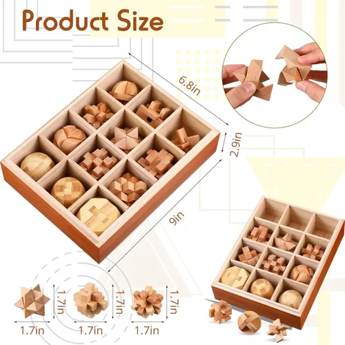 Miniatura 5 de Juego de 12 rompecabezas de madera para el cerebro, juegos educativos 3D rompecabezas de madera, rompecabezas de lógica IQ desafiantes para adultos