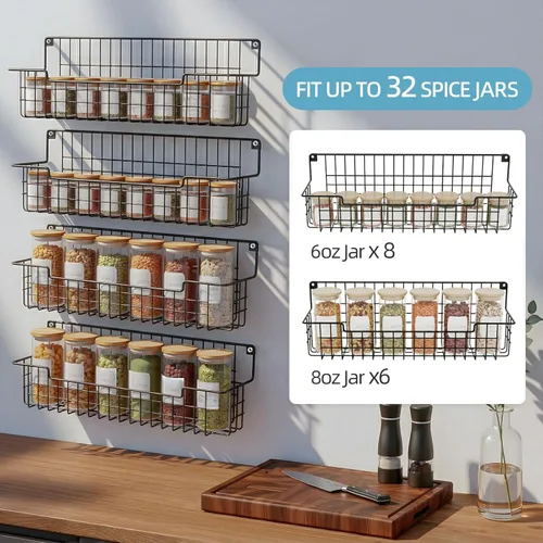 Miniatura 6 de Soporte de pared para especias, organizador de especias para gabinete y puerta de despensa, juego de 4 estantes colgantes para especias que ahorran