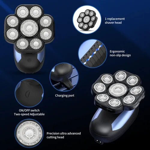Miniatura 6 de Afeitadoras de cabeza para hombres calvos, máquina de afeitar rotativa eléctrica 9D, multifuncional, afeitadora de cabeza calva para hombre