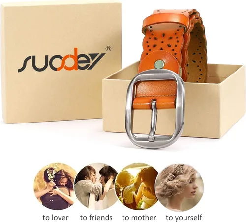 Miniatura 6 de SUOSDEY Cinturones de cuero anchos florales huecos para las mujeres con hebilla de metal ancho de la correa 1.5 pulgadas, A-naranja-marrón