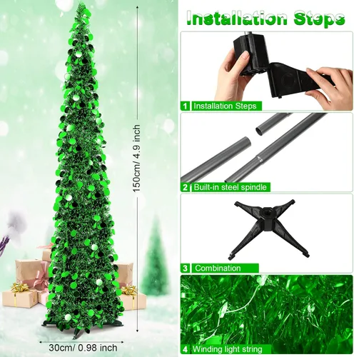 Miniatura 4 de Aoriher Árbol de Navidad de Oropel Verde Preiluminado Emergente de 5 pies, Decoración Reutilizable Plegable Artificial con Lentejuelas, Árbol