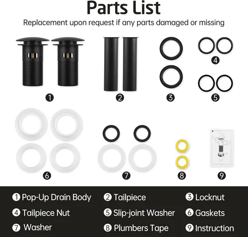 Miniatura 9 de KES Desagüe para lavabo con rebosadero, tapón emergente negro mate, paquete de 2 unidades para lavabo de tocador, tapón de drenaje de metal total