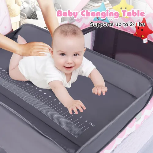Miniatura 9 de BABY JOY 4 en 1 Pack and Play, corralito de juego portátil para bebés con moisés, puerta con cremallera lateral, mesa de cambio, centro