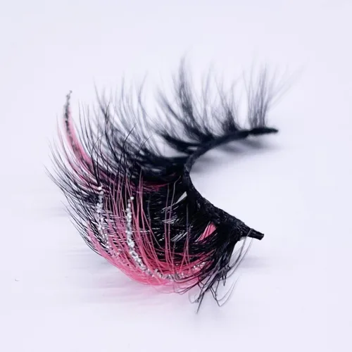 Miniatura 5 de Pestañas postizas negras con reflejos rosados y purpurina plateada, 1 par de pestañas de tira voluminosas brillantes con color, visón sintético
