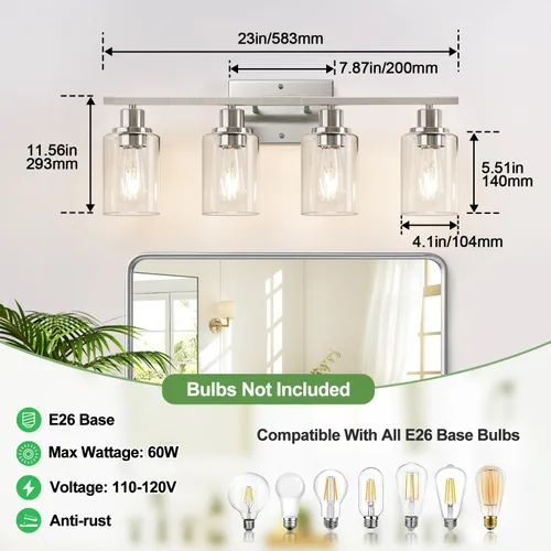 Miniatura 8 de Indoi Lámparas de baño de 4 luces, luces de tocador de níquel cepillado con pantallas de vidrio transparente, moderna lámpara de pared de baño