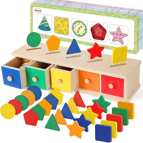 Aizweb Juguete de clasificación de formas de color para niños pequeños de 3 años, juguete Montessori de madera, clasificador de formas de color,