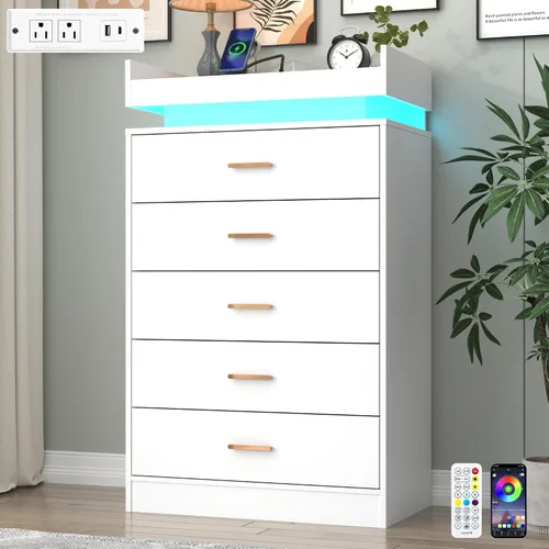 Miniatura 18 de Hlivelood Cómoda de 8 cajones con luz LED y estación de carga, cómoda moderna para armario, armario organizador de cajones anchos para dormitorio
