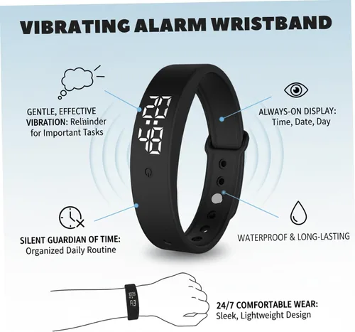Miniatura 6 de Pulsera de alarma vibratoria con vibración silenciosa, reloj de pulsera impermeable para personas que duermen pesadas, estudiantes y niños, diseño