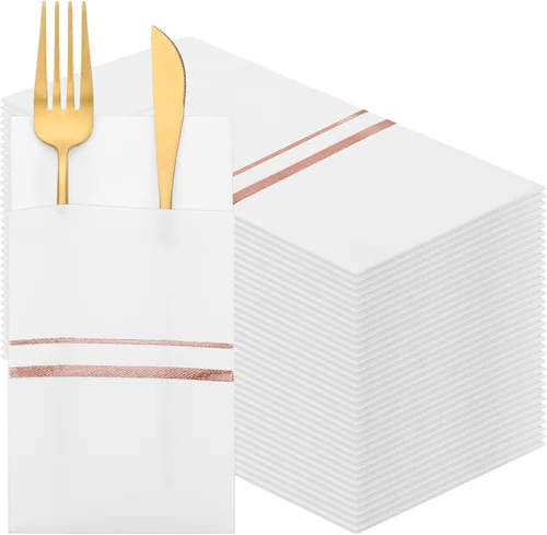 Roshtia Paquete de 100 servilletas desechables de lino con bolsillo integrado para cubiertos con ribete dorado, papel preplegado para bodas (blanco,