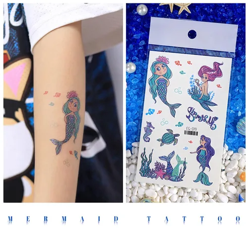 Miniatura 5 de Yobbai Tatuajes temporales con purpurina para niños, estilos mixtos de mariposa, panda, criatura marina, sirena y dinosaurio, tatuajes falsos