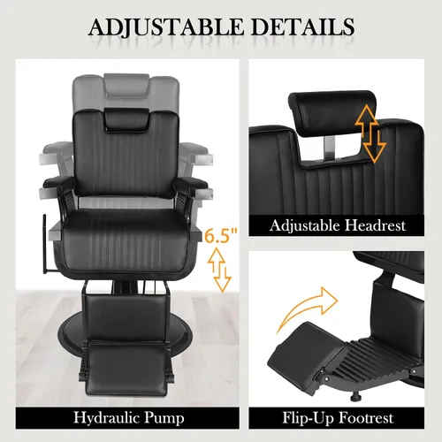 Miniatura 6 de Reclining Barber Chair for Barbershop, Professional Barber Salon Chair for Hair Stylist, 360 Swivel Styling Chair with Adjustable Headrest &