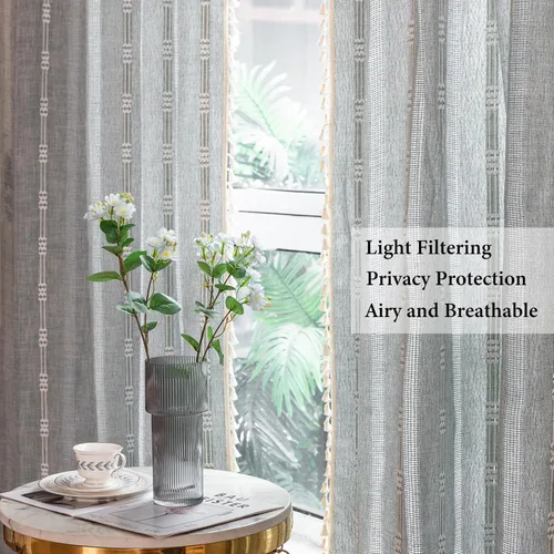 Miniatura 3 de Cortinas de lino de granja estilo bohemio Aveboll de 63" 84" 96" pulgadas de largo, juego de 2 paneles, cortinas modernas y rurales con bordado