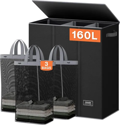 Miniatura 18 de SOLEDI Cesta de ropa sucia de 180L de 3 secciones, cesta de ropa sucia extra grande con tapa, cesta de ropa sucia con asa resistente, organizador