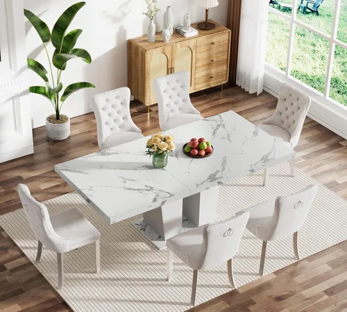 Miniatura 2 de Henf Juego de mesa de comedor extensible de 7 piezas para 6, 160 cm-200 cm Mesa de cocina extensible de grano de mármol blanco con 6 sillas Blanco