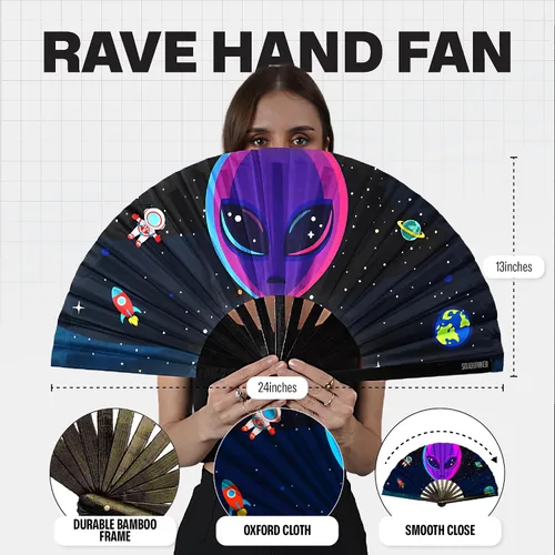 Miniatura 80 de SoJourner Bags Rave Fan – Ventilador plegable grande – Ventilador de mano Clack para raves, Halloween, Burlesque, trajes de arcoíris para mujeres