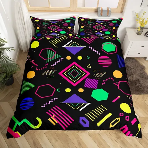 Miniatura 30 de Juego de funda de edredón retro de los años 80 y 90 para hombres y niños, tamaño matrimonial, con formas geométricas redondas triangulares, funda