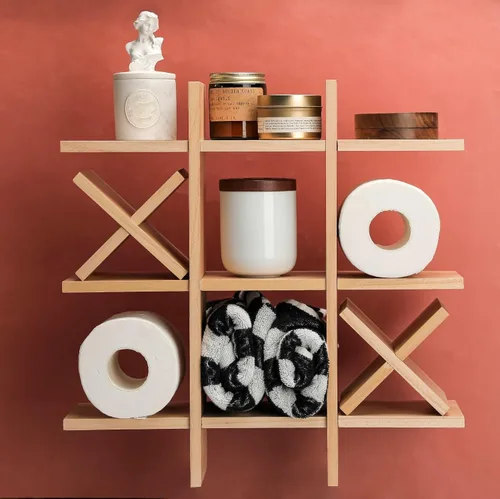 Miniatura 4 de Weysat Soporte de Papel Higiénico Tic Tac Toe Decoración de Pared de Baño Almacenamiento Colgante de Madera Rústica Estantes Independientes Montados