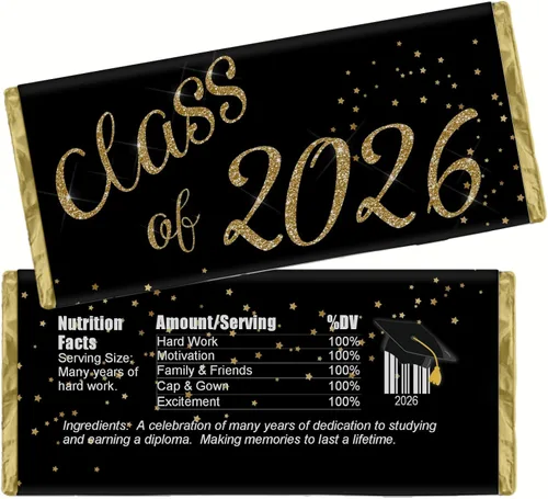 Envolturas de dulces de graduación, etiquetas de barra de chocolate, clase de 2026, recuerdos de fiesta de graduación, paquete de 20 (negro/dorado)