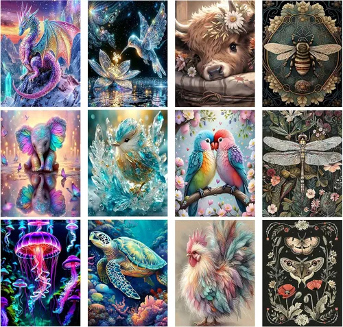 Meothan - Paquete de 12 kits de arte de diamantes 5D para adultos, de animales, cristales redondos, para regalo o para decoración del hogar de 12 x