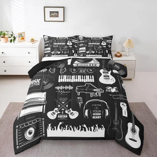 Miniatura 8 de Juego de ropa de cama de guitarra, tamaño individual para niños y niñas, juego de edredón con teclados de piano, temática musical, inserto