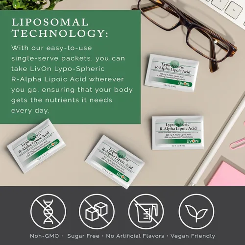 Miniatura 6 de LivOn Laboratories Ácido lipoesférico R-alfa lipoico - 30 paquetes - 226 mg por paquete - Liposoma encapsulado para una máxima biodisponibilidad