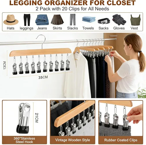 Miniatura 6 de Organizador de armario con 10 clips, organizador colgante de armario ajustable de madera para armario, colgador de pantalones de acero inoxidable