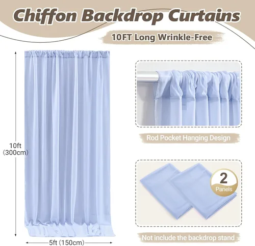 Miniatura 3 de Cortinas de fondo azul bebé de 10 pies x 10 pies, tela de gasa chiffon transparente sin arrugas, tela de fondo fotográfico drapeada para arco