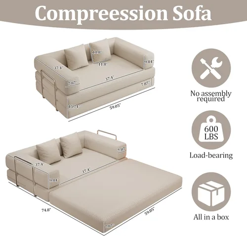 Miniatura 2 de Sofá cama convertible de 59.0 pulgadas, sofá cama futón 4 en 1, sofá cama extraíble, sofá cama sin hueso para sala de estar, sofás de pana sin hueso