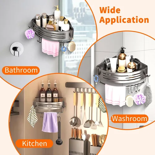 Miniatura 8 de Soporte de ducha con ventosa, estante de ducha extraíble sin perforaciones con barra de toalla y ganchos portátiles, organizador de aluminio a