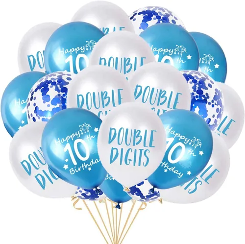 Miniatura 8 de Decoraciones de cumpleaños número 10 para niños, decoración negra de papel de aluminio de doble dígito, pancarta negra número 10 con globos