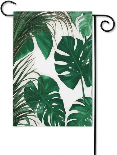 Moslion Bandera de jardín de hojas tropicales, hojas de palmera en Hawaii, selva, banderas, follaje de doble cara, bandera de bienvenida para patio,