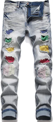 Skinny Slim Fashion - Jeans elásticos para hombre, con agujeros rectos, estilo hip hop, para motociclista