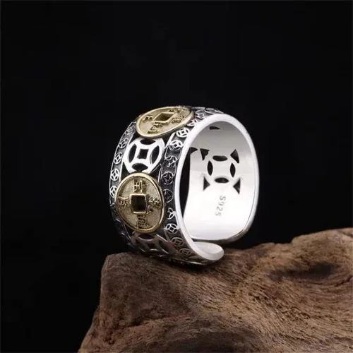 Miniatura 7 de Anillo de cobre Wufu con moneda de cinco emperadores, anillo de plata con índice retro de la suerte, anillo vintage ajustable para hombres