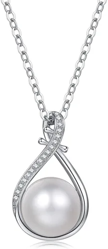FANCIME Pearl Jewelry Gifts June Birthstone Necklace 9-10mm Genuine Cultured Freshwater Pearl in Sterling Silver Infinity Pearl Necklace Fine