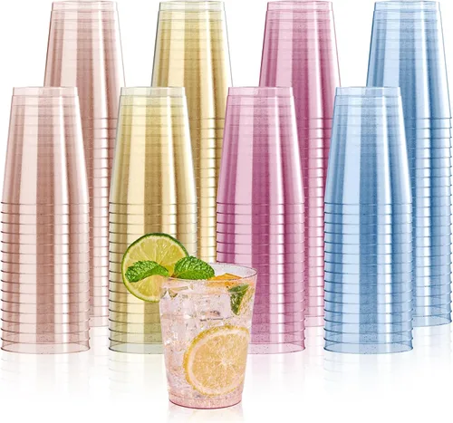 Miniatura 8 de JOLLY CHEF Paquete de 200 vasos de plástico con purpurina dorada de 10 onzas, vasos de plástico desechables, vasos dorados con purpurina adecuados