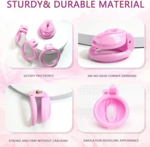 Miniatura 4 de AMAZBEE Jaula de castidad de mariquita rosa, jaula de castidad para adultos, dispositivo de castidad para adultos, con 4 anillos para el pene, jaula