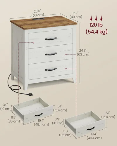 Miniatura 3 de VASAGLE Colección LIRY - Mesita de noche de estilo granja con estación de carga, mesita de noche, mesa auxiliar con 3 cajones, para dormitorio