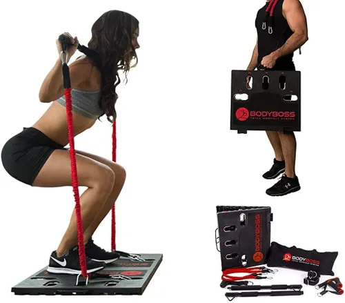 Miniatura 7 de BodyBoss 2.0 – Paquete de entrenamiento portátil completo para gimnasio en casa + bandas de resistencia – Barra de resistencia plegable, asas
