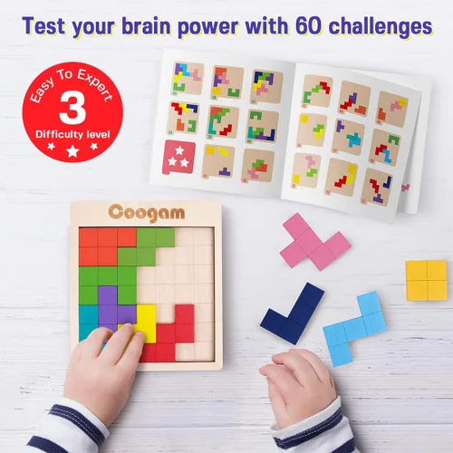 Miniatura 2 de Coogam Rompecabezas de madera con patrón de bloques de cerebro juego con 60 desafíos, juguete de construcción ruso 3D de madera en forma de tangram