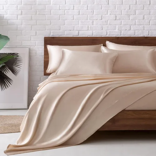 Miniatura 70 de MR&HM Sábanas de satén para cama de tamaño King, juego de 4 piezas de ropa de cama sedosa con bolsillo profundo de 15 pulgadas para colchón